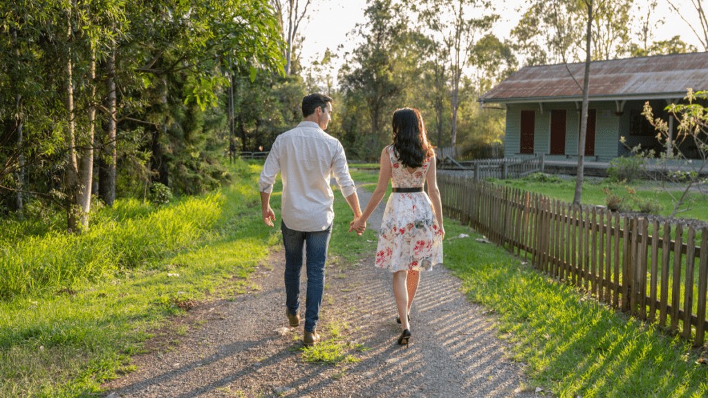 A male and female couple walking hand in hand down a quiet rural road.