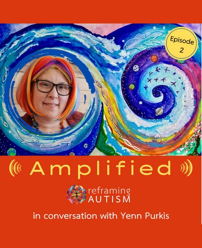 Amplified S1e2 Reframing Autism - a red background features the text, 