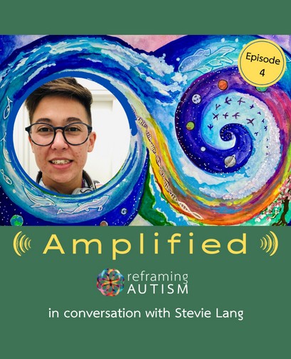 Amplified S1e4 Reframing Autism - a green background features the text, "Amplified: Reframing Autism in conversation with Stevie Lang". A picture of Stevie smiling is atop the text, next to an illustration of an abstract watercolour swirl.