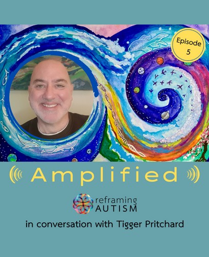 Amplified S1e5 Reframing Autism - a teal background features the text, "Amplified: Reframing Autism in conversation with Tigger Pritchard". A picture of Tigger smiling is atop the text, next to an illustration of an abstract watercolour swirl.