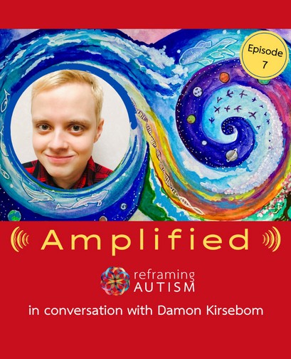 Amplified S1e7 Reframing Autism - a red background features the text, "Amplified: Reframing Autism in conversation with Damon Kirsebom". A picture of Damon smiling is atop the text, next to an illustration of an abstract watercolour swirl.