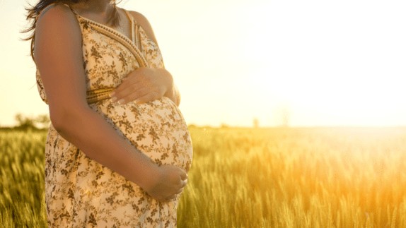 A field of wheat at sunset, featuring a closeup of a pregnant woman clasping her hands around her belly.