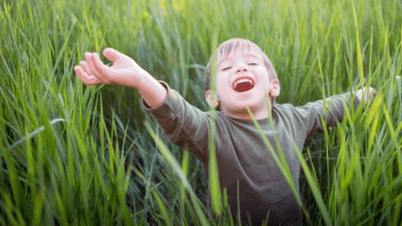 A young child has their arms outstretched in joy and is smiling as they stand in a field of long grass.