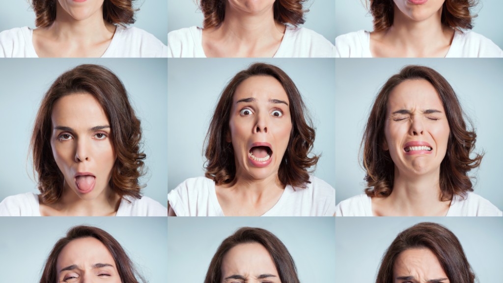 A woman's face, replicated in a grid of nine. In each photo, she is pulling a different exaggerated expression.