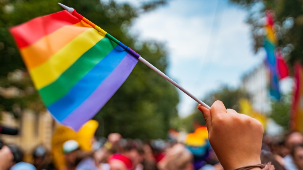 A person's hand holding up a Pride flag.