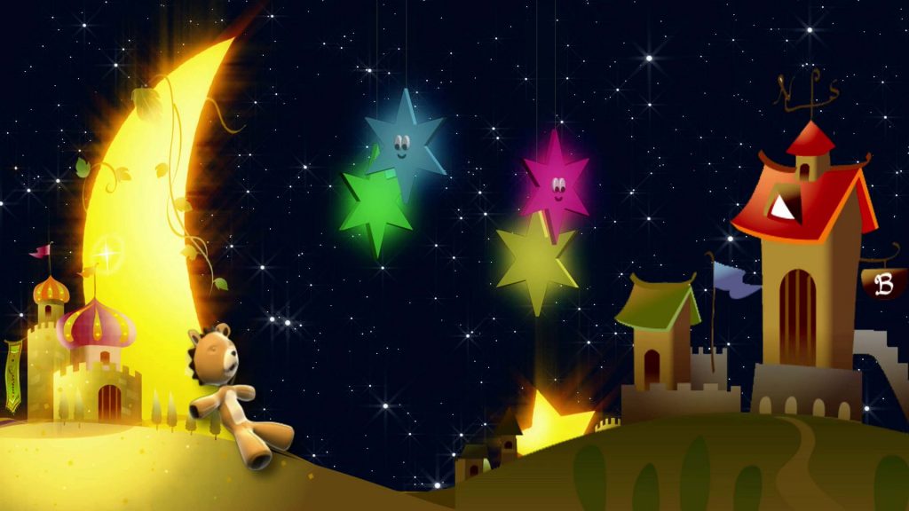 An illustration of a night sky and toys.