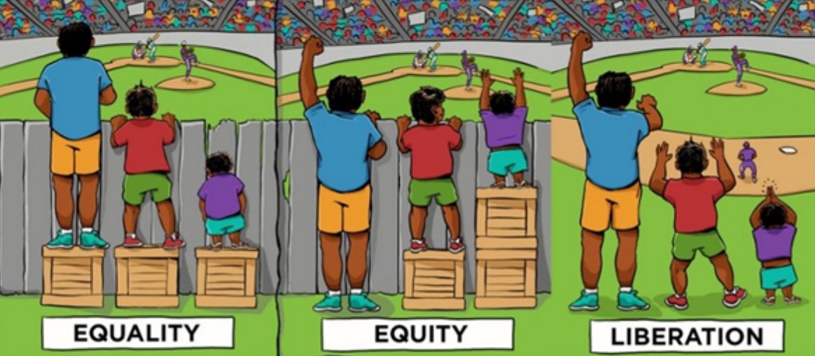 The concepts of EQUALITY and EQUITY are depicted with the addition of a third image titled LIBERATION. In this image, the same three people are shown watching the game without any picket fence to obstruct their view.