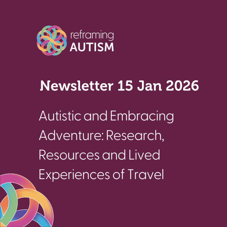 Against an aubergine background with Reframing Autism logo, white text reads: 'Newsletter 15 Jan 2026: Autistic and Embracing Adventure: Research, Resources and Lived Experiences of Travel'
