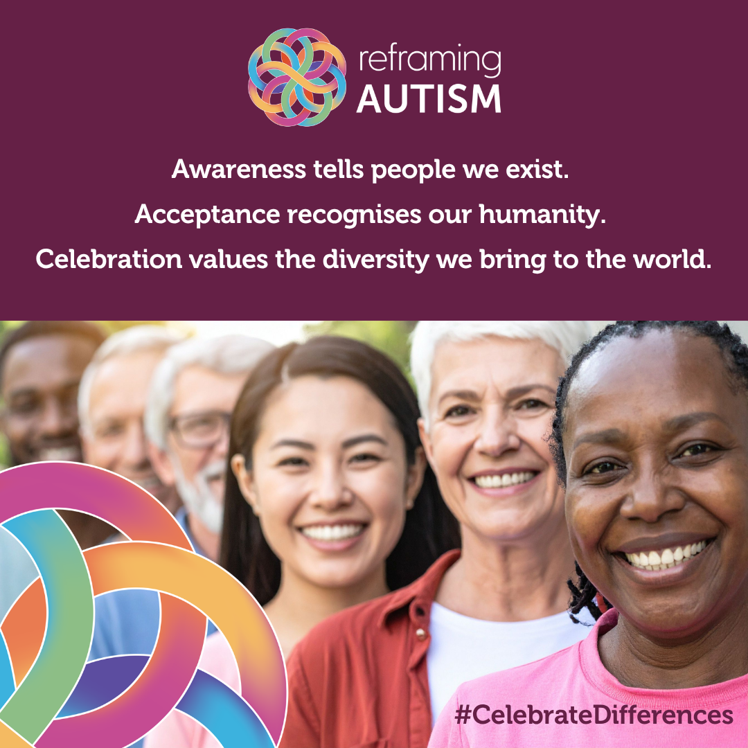 Image depicting smiling faces of people of all ages and ethnicities. Text reads: Awareness tells people we exist. Acceptance recognises our humanity. Celebration values the diversity we bring to the world.