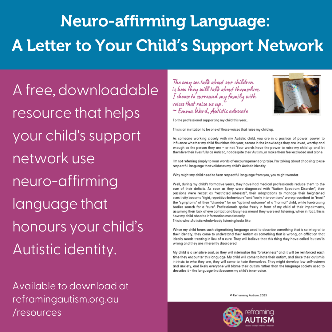 A blue title reads Neuro-affirming Language: A Letter to Your Child's Support Network. An aubergine panel on the below left reads 'A free, downloadable resource that helps your child's support network use neuro-affirming language that honours your child's Autistic identity. To the right is an image of the downloadable letter with the Reframing Autism knotwork logo in the bottom centre. 2. Against an aubergine background, a white text box contains the quote: "The way we talk about our children is how they will talk about themselves. I choose to surround my family with voices that raise us up." &ndash; Emma Ward, Autistic advocate and parent. The Reframing Autism logo is in the bottom right and knotwork logo is in the bottom left.