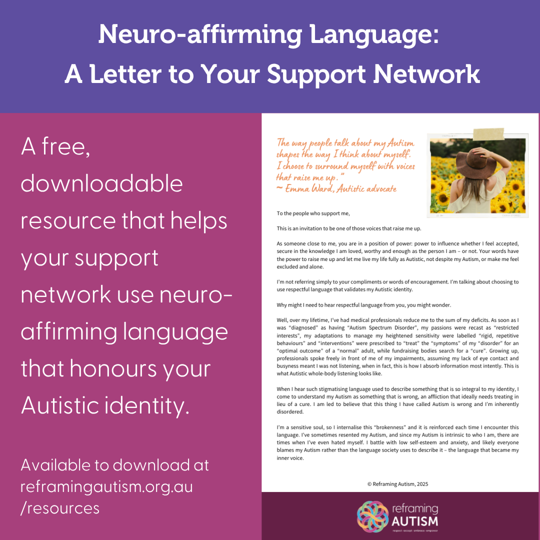 A purple title textbox reads Neuro-affirming Language: A Letter to Your Support Network. An aubergine panel on the below left reads 'A free, downloadable resource that helps your support network use neuro-affirming language that honours your Autistic identity. To the right is an image of the downloadable letter. 2. Against an aubergine background, a white text box contains the quote: "Calling myself Autistic acknowledges how integral Autism is to my sense of self. It recognises that my Autism is not a secondary or lesser part of myself. It signals that my Autism is fundamental to my identity and that I embrace that Autistic part of myself, as something of which I can be proud." &ndash; Dr Melanie Heyworth, Autistic researcher and Founder of Reframing Autism. The Reframing Autism logo is in the bottom right and knotwork logo is in the bottom left.